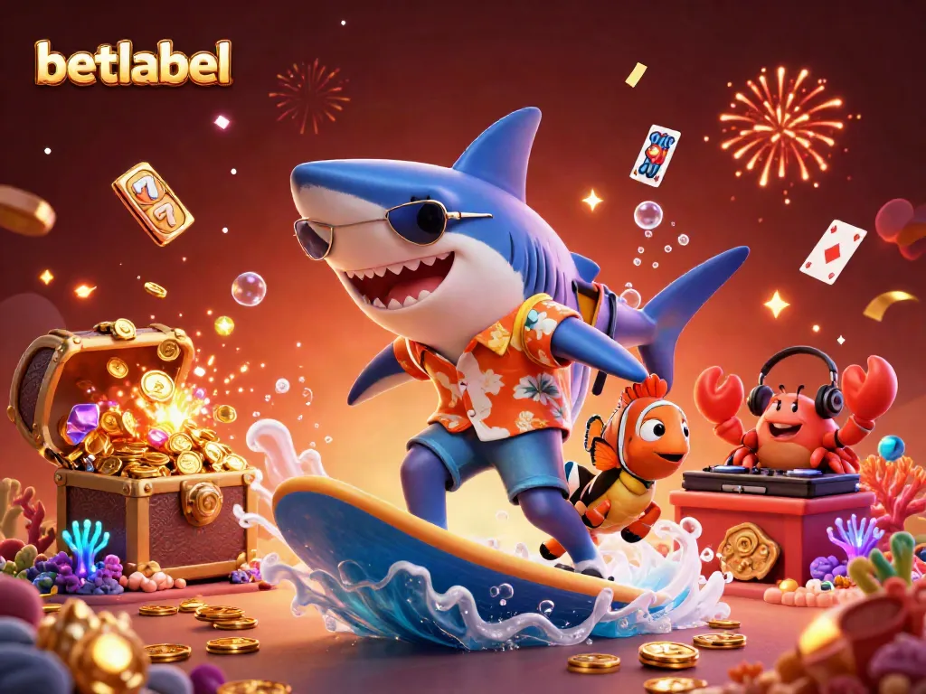 Betlabel showcases a vibrant scene with a hammer-head shark surfing on gold coins amidst festive casino elements.