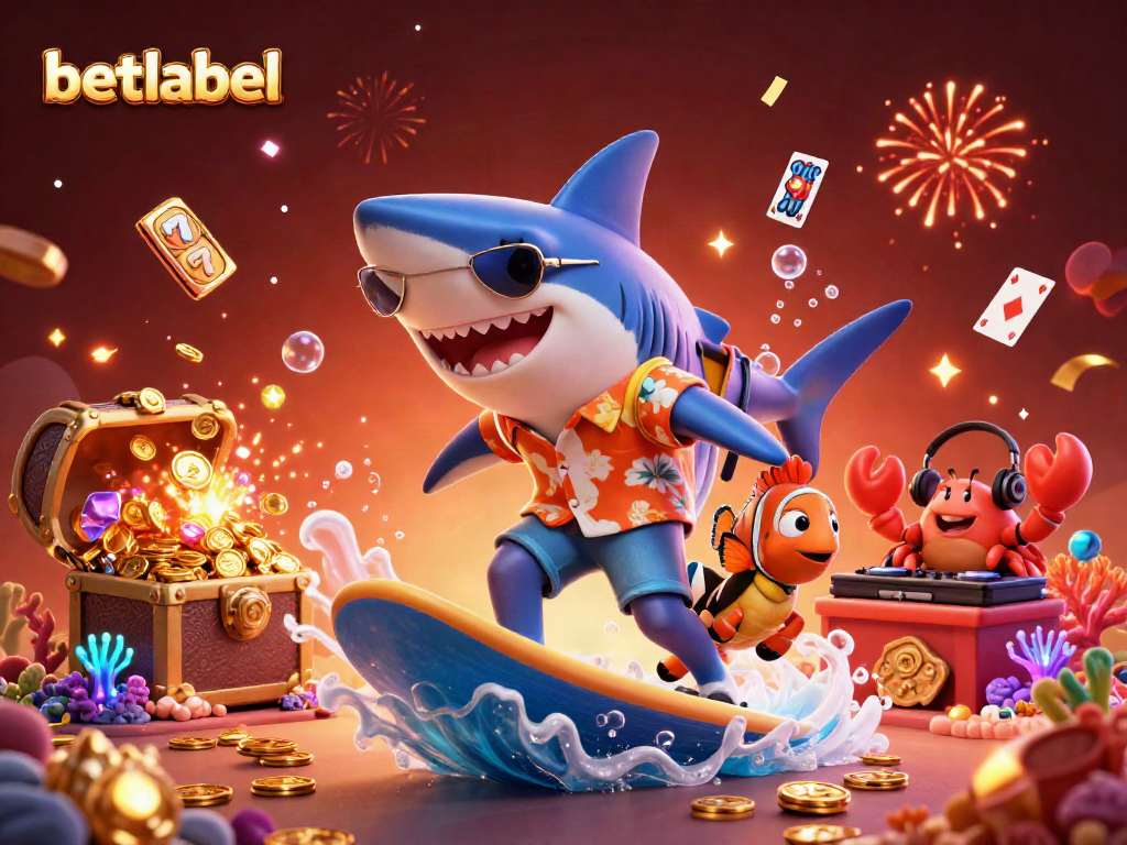 Betlabel showcases a vibrant scene with a hammer-head shark surfing on gold coins amidst festive casino elements.