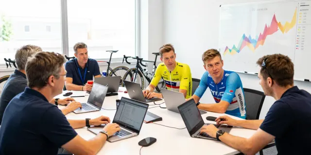 Cycling market scene focused on mercato ciclismo with athletes discussing strategies.
