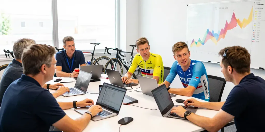 Cycling market scene focused on mercato ciclismo with athletes discussing strategies.