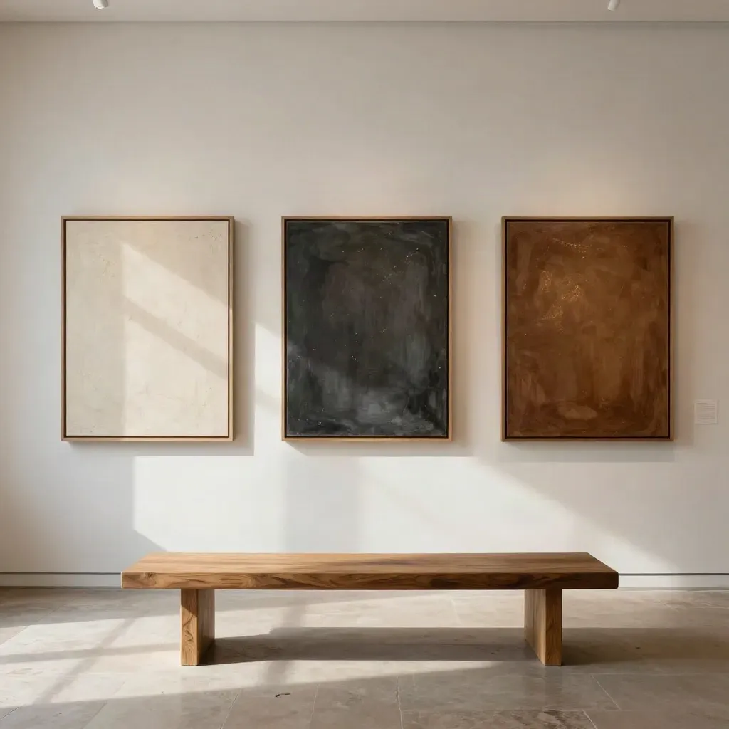 Parete di galleria con tre opere coordinate, piedistalli sottili e panca sotto luce calda