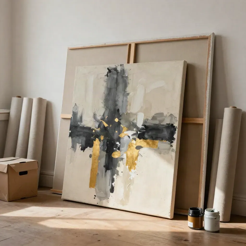 Atelier con tele astratte, barattoli di pigmento e luce obliqua del mattino