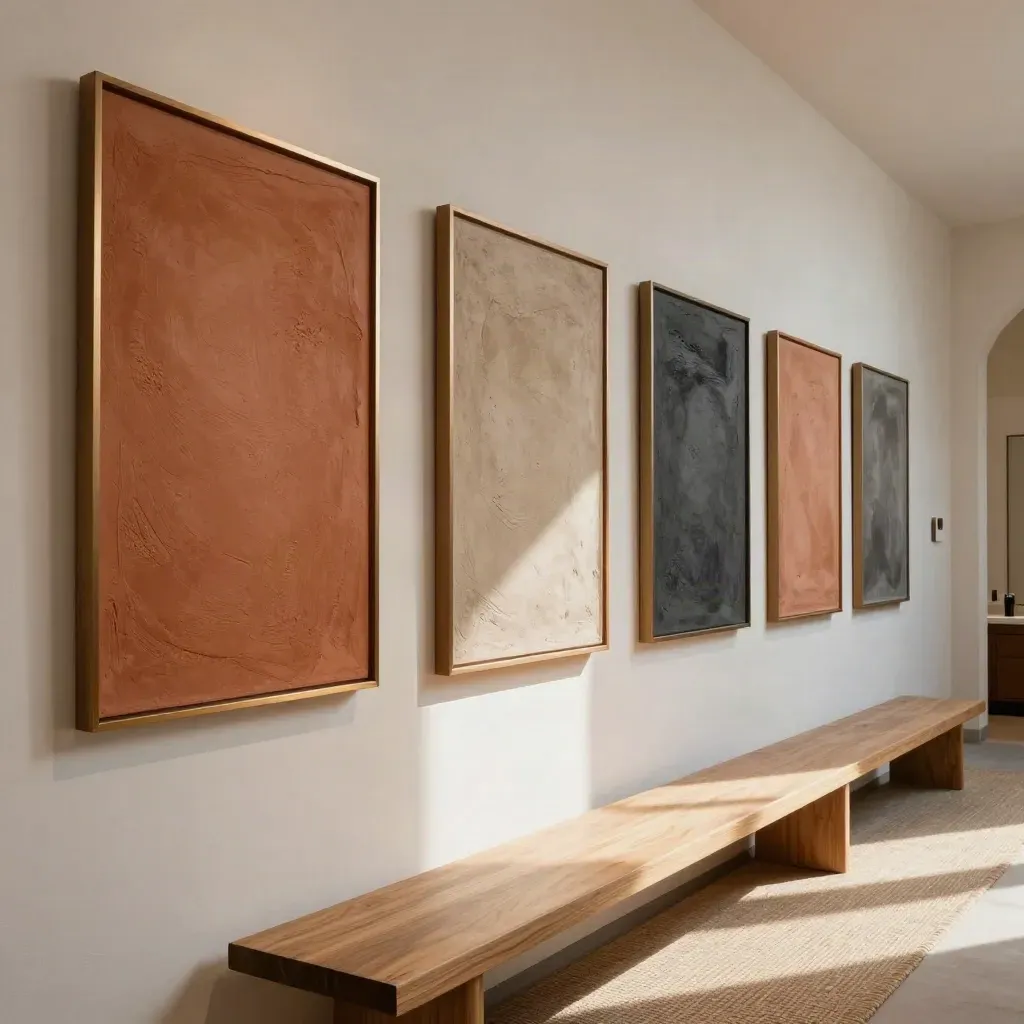 Corridoio d’hotel a Milano con sei opere tonali in terracotta, sabbia e carbone.