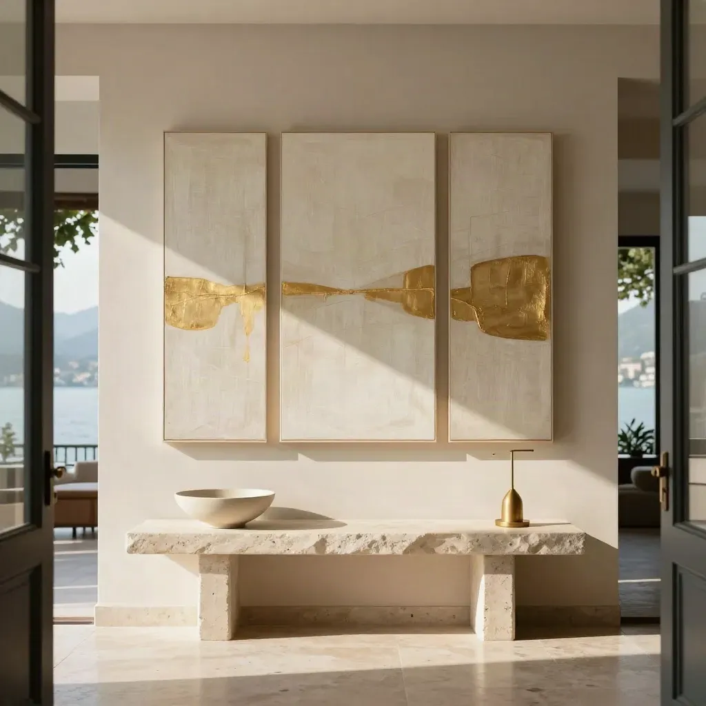 Ingresso di villa sul Lago di Como con tre tele e console in pietra, luce mattutina calda.
