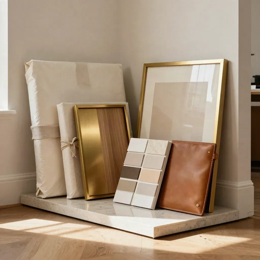 Pacchetto designer con opere impacchettate, campioni cornice e cartelle in un angolo luminoso.