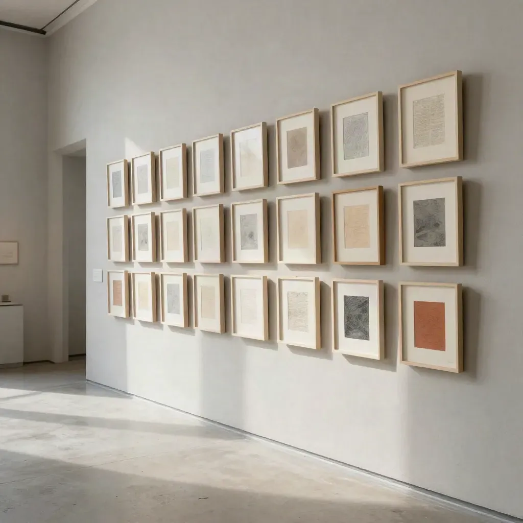 Parete di galleria a Torino con piccole opere e carta, luce radente e pavimento in cemento.