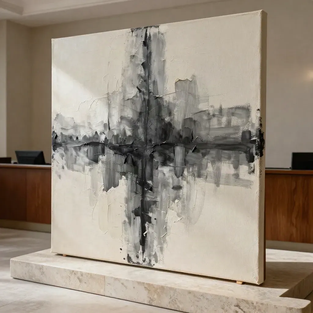 Primo piano di un quadro astratto in una reception legale romana in travertino e pelle.