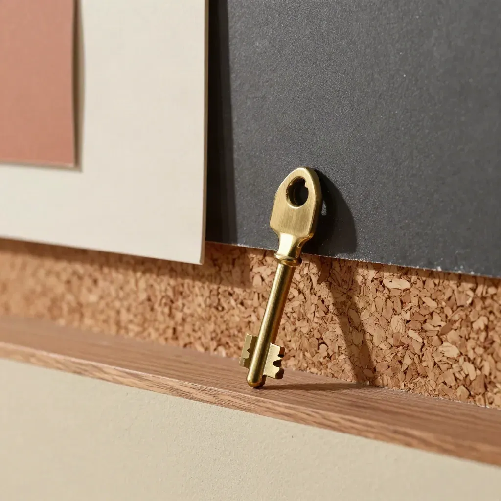 Kit di montaggio con distanziali in ottone, frammento d’intonaco e mock wall in sughero