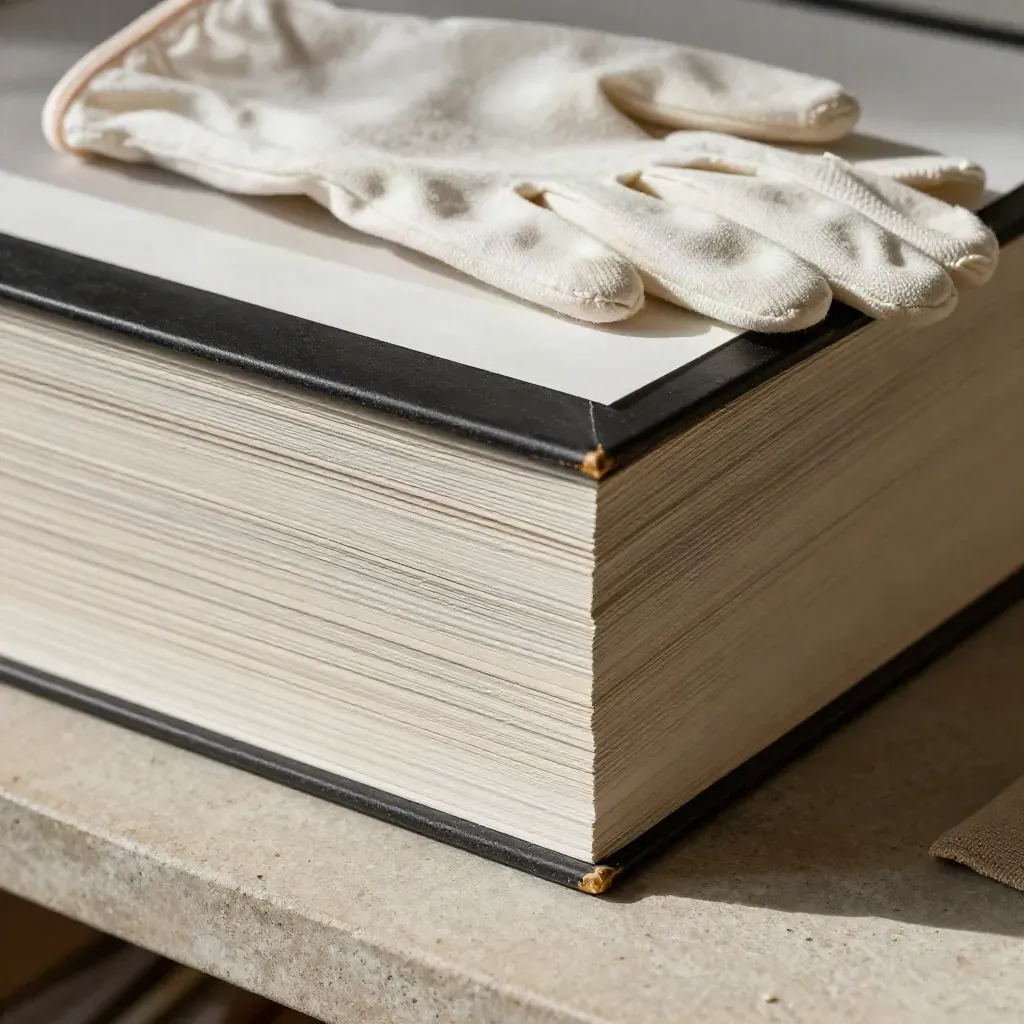 Cartoncino e carta d’archivio con guanti di cotone e cornice in primo piano.