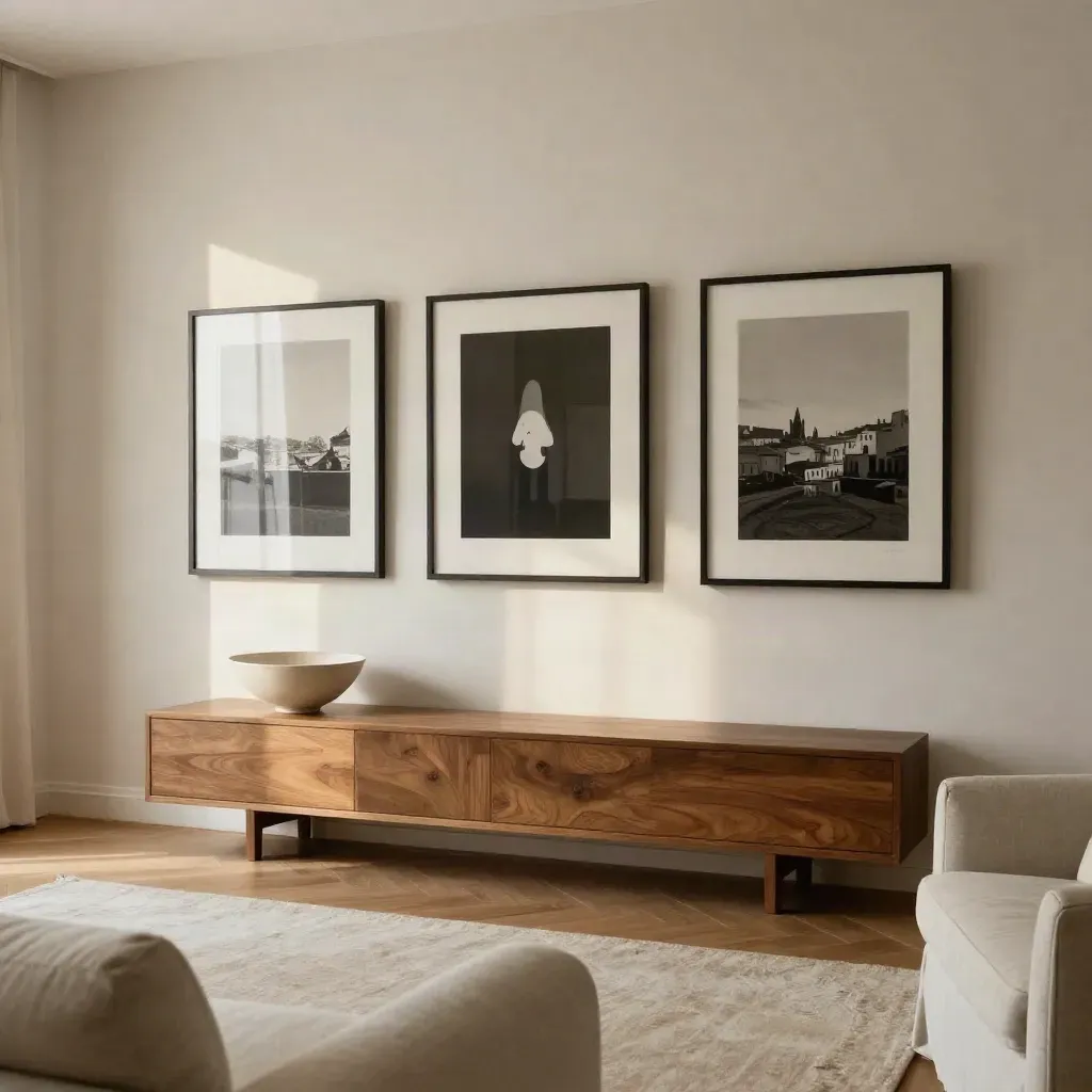 Attico a Bologna con stampe incorniciate, console bassa e luce radente sul living.