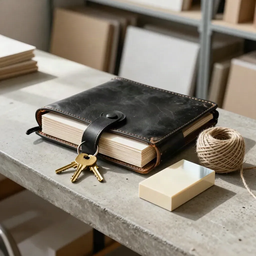 Kit di coordinamento su banco in cemento con custodia, carte, spago, chiavi e campione laccato.