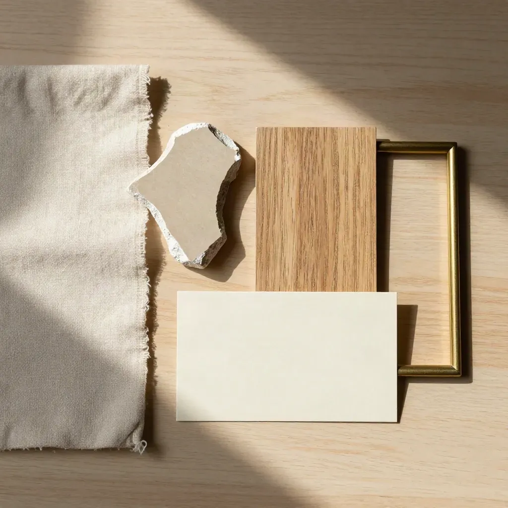 Campioni di lino, gesso, impiallacciatura e cornice allineati su legno chiaro