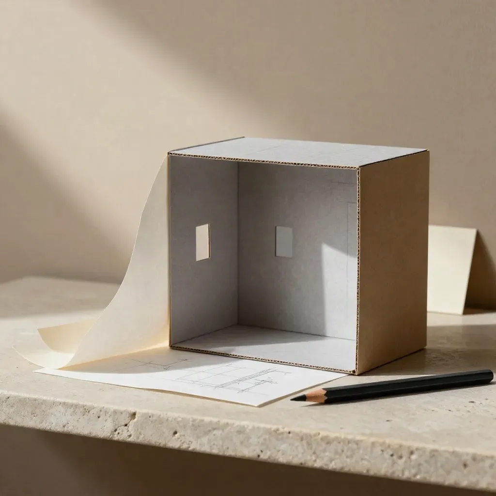 Maquette architettonico, velina piegata, mat board avorio e matita su mensola in pietra.