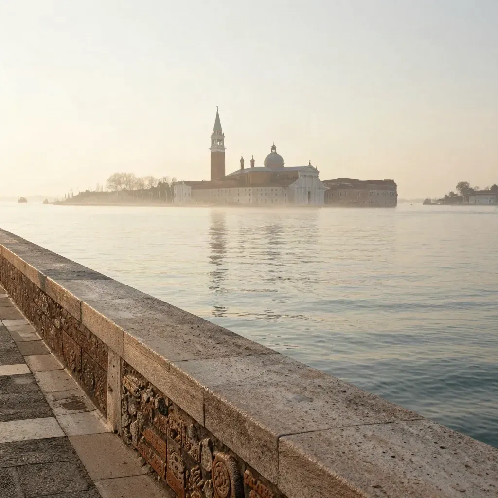 Skyline di Venezia alta sulla laguna, pietra d’Istria e acqua pallida nella luce del tramonto.